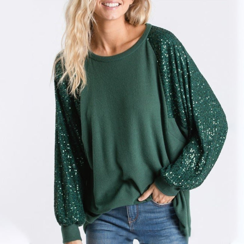 Blue Zone Planet | Sequin Stitching Round Neck Loose Raglan Sleeve Top BLUE ZONE PLANET
