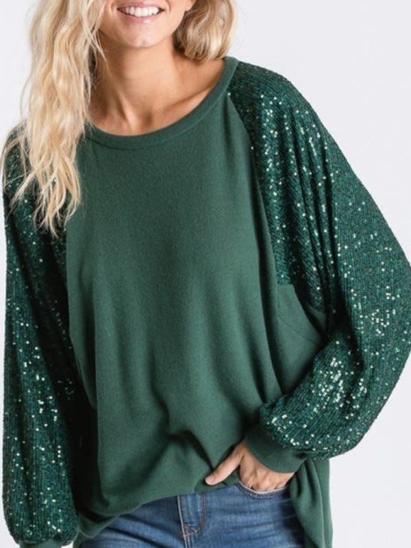 Blue Zone Planet | Sequin Stitching Round Neck Loose Raglan Sleeve Top BLUE ZONE PLANET