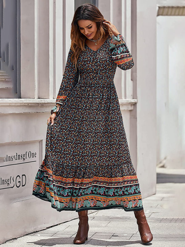 Bohemian V Neck Elastic Waist Long Sleeves Swing Long Dress kakaclo