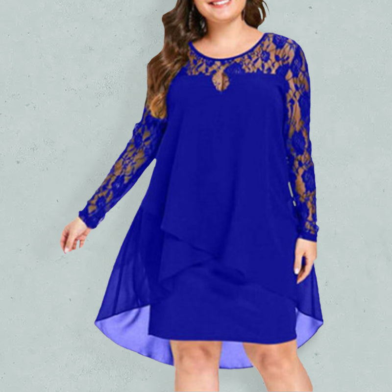 Plus size lace sleeve long sleeve splicing round neck irregular chiffon dress kakaclo