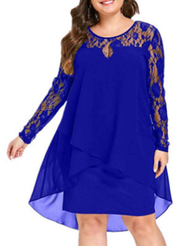 Plus size lace sleeve long sleeve splicing round neck irregular chiffon dress kakaclo
