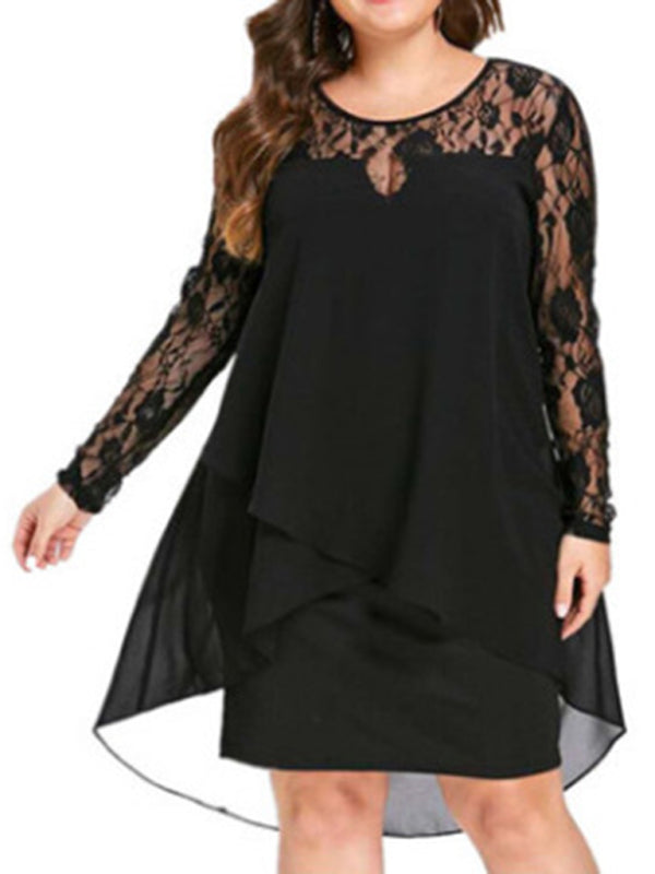 Plus size lace sleeve long sleeve splicing round neck irregular chiffon dress kakaclo