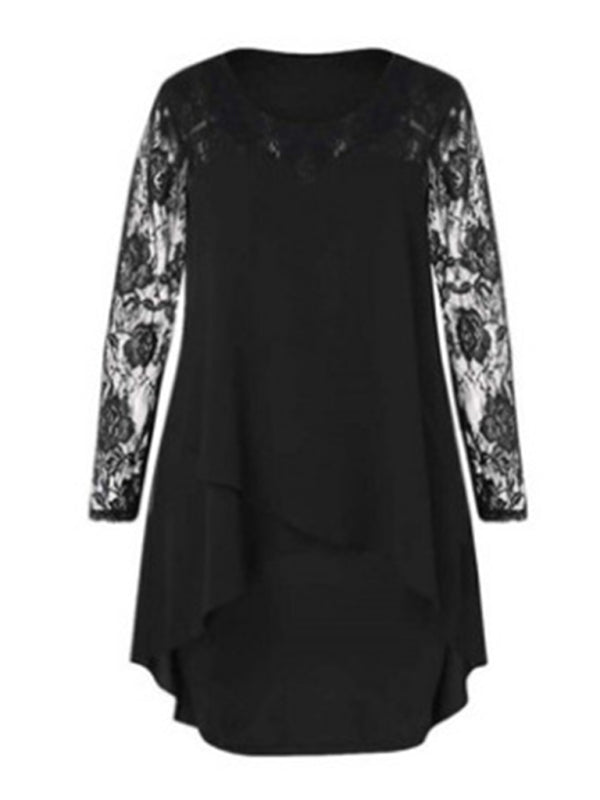 Plus size lace sleeve long sleeve splicing round neck irregular chiffon dress kakaclo