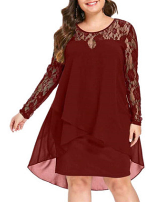 Plus size lace sleeve long sleeve splicing round neck irregular chiffon dress kakaclo