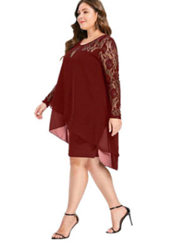 Plus size lace sleeve long sleeve splicing round neck irregular chiffon dress kakaclo