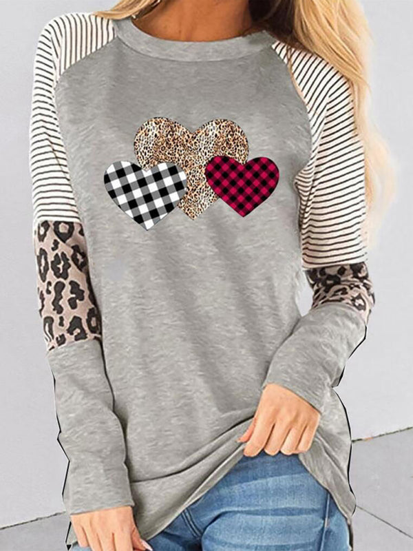 Valentine's Long Sleeve Mosaic Peach Heart Round Neck Loose Top kakaclo