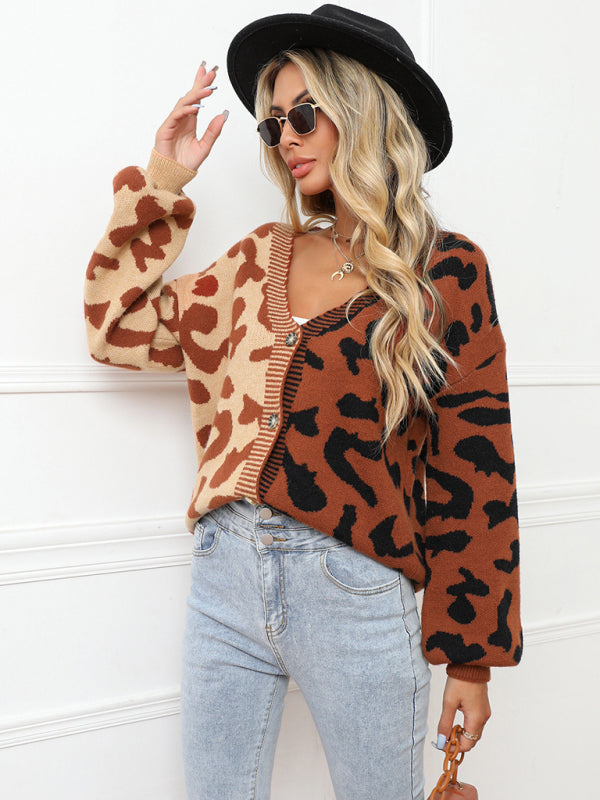 Blue Zone Planet | Single Breasted Street Panel Leopard Print Oversized Knit Cardigan Sweater kakaclo