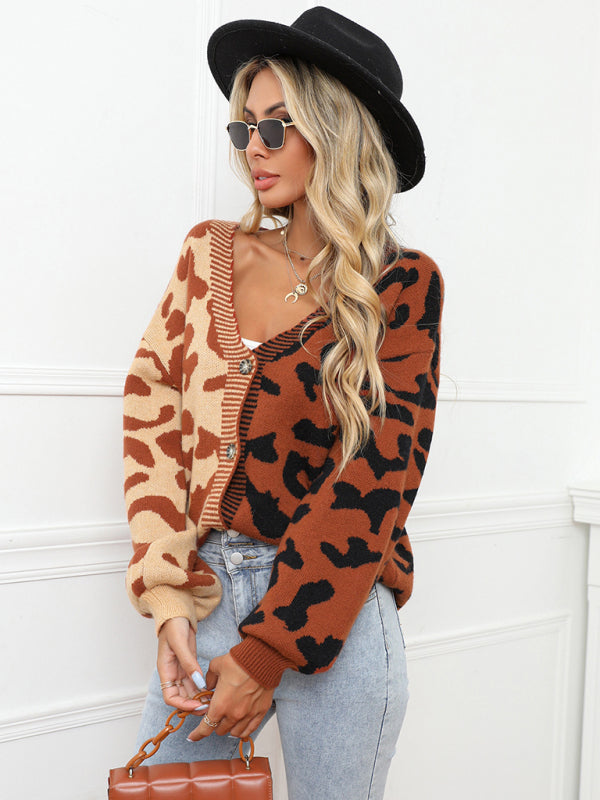 Blue Zone Planet | Single Breasted Street Panel Leopard Print Oversized Knit Cardigan Sweater kakaclo