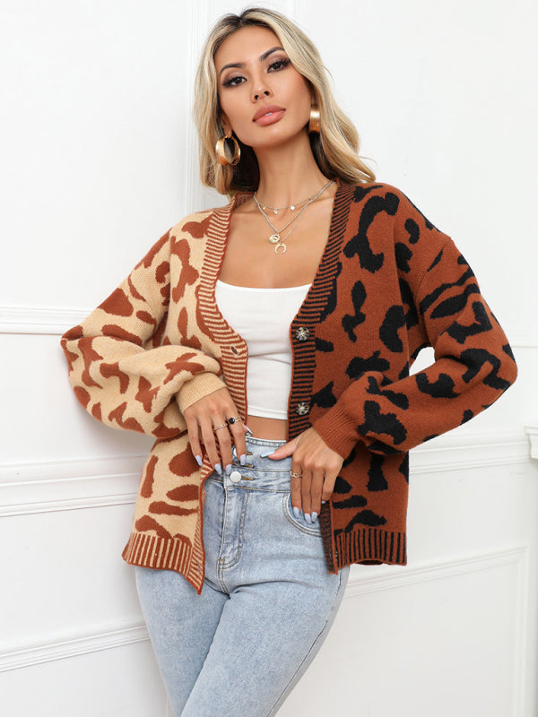 Blue Zone Planet | Single Breasted Street Panel Leopard Print Oversized Knit Cardigan Sweater kakaclo