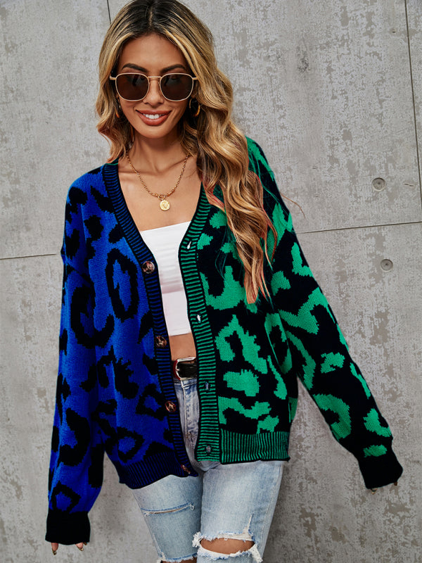 Blue Zone Planet | Single Breasted Street Panel Leopard Print Oversized Knit Cardigan Sweater kakaclo