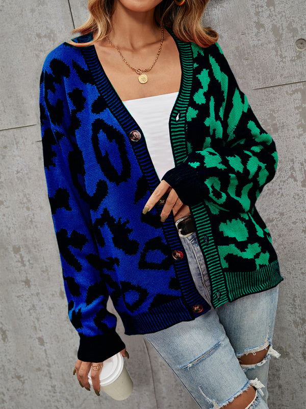 Blue Zone Planet | Single Breasted Street Panel Leopard Print Oversized Knit Cardigan Sweater kakaclo
