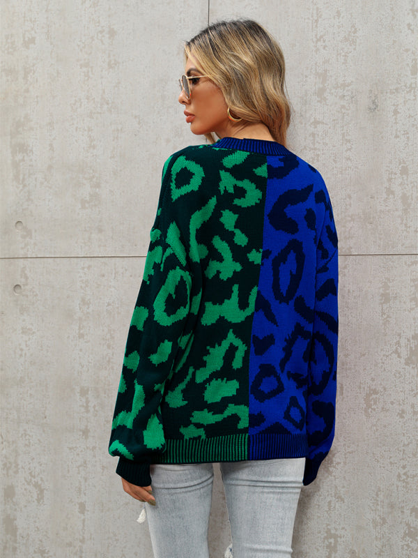Blue Zone Planet | Single Breasted Street Panel Leopard Print Oversized Knit Cardigan Sweater kakaclo