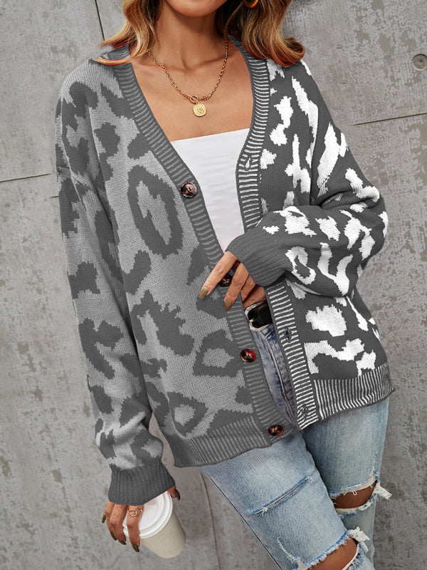 Blue Zone Planet | Single Breasted Street Panel Leopard Print Oversized Knit Cardigan Sweater kakaclo