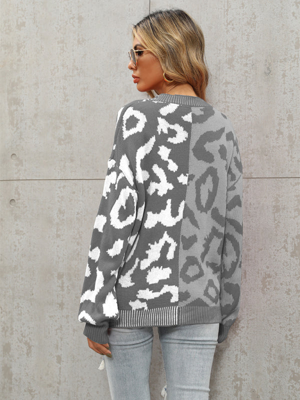 Blue Zone Planet | Single Breasted Street Panel Leopard Print Oversized Knit Cardigan Sweater kakaclo