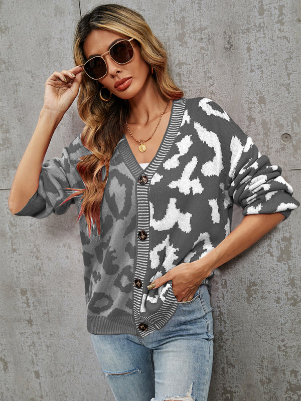 Blue Zone Planet | Single Breasted Street Panel Leopard Print Oversized Knit Cardigan Sweater kakaclo