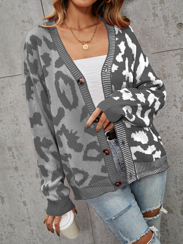Blue Zone Planet | Single Breasted Street Panel Leopard Print Oversized Knit Cardigan Sweater kakaclo
