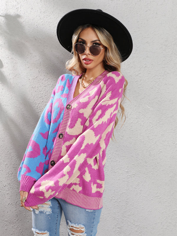 Blue Zone Planet | Single Breasted Street Panel Leopard Print Oversized Knit Cardigan Sweater kakaclo