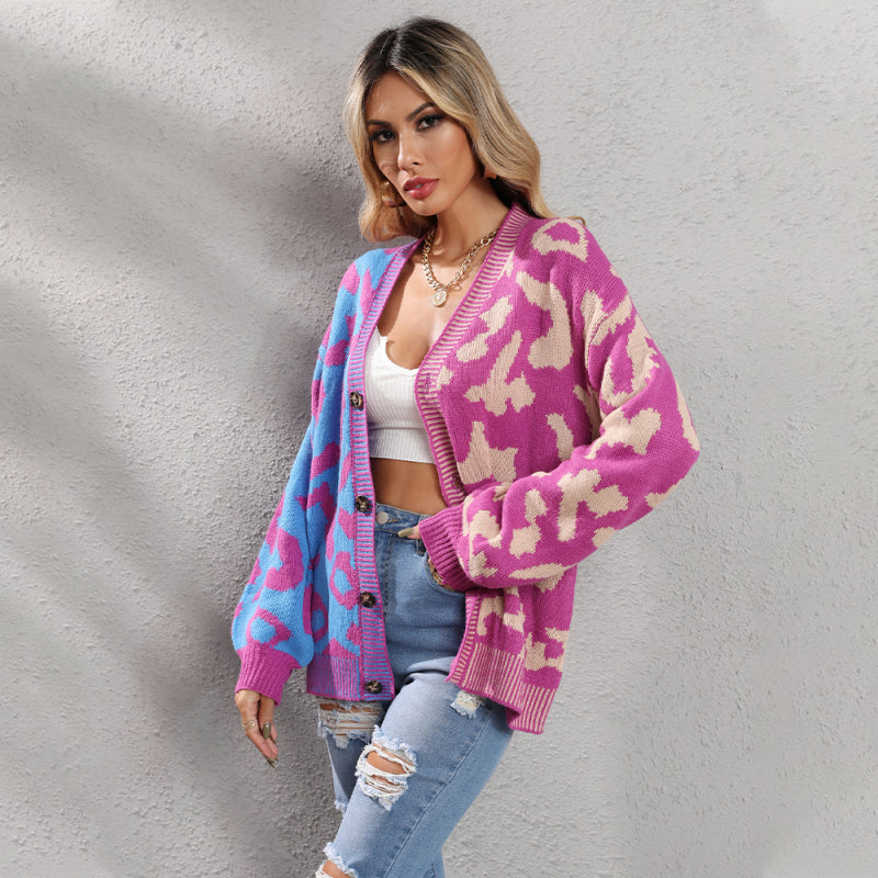 Blue Zone Planet | Single Breasted Street Panel Leopard Print Oversized Knit Cardigan Sweater kakaclo