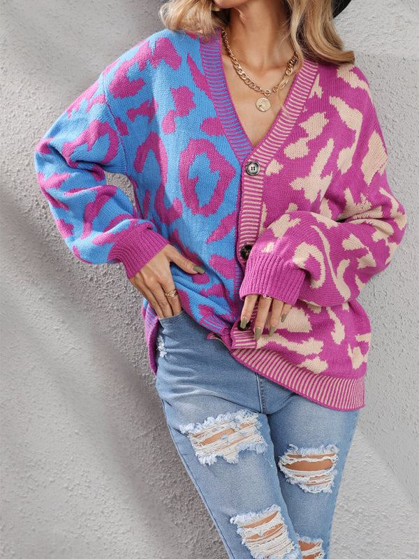 Blue Zone Planet | Single Breasted Street Panel Leopard Print Oversized Knit Cardigan Sweater kakaclo