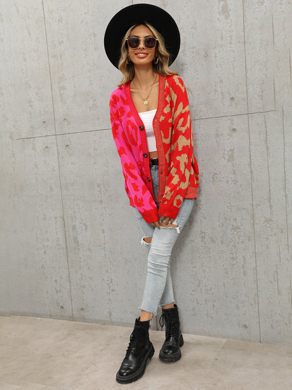 Blue Zone Planet | Single Breasted Street Panel Leopard Print Oversized Knit Cardigan Sweater kakaclo