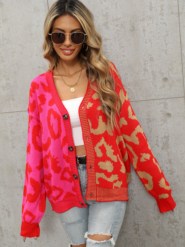 Blue Zone Planet | Single Breasted Street Panel Leopard Print Oversized Knit Cardigan Sweater kakaclo