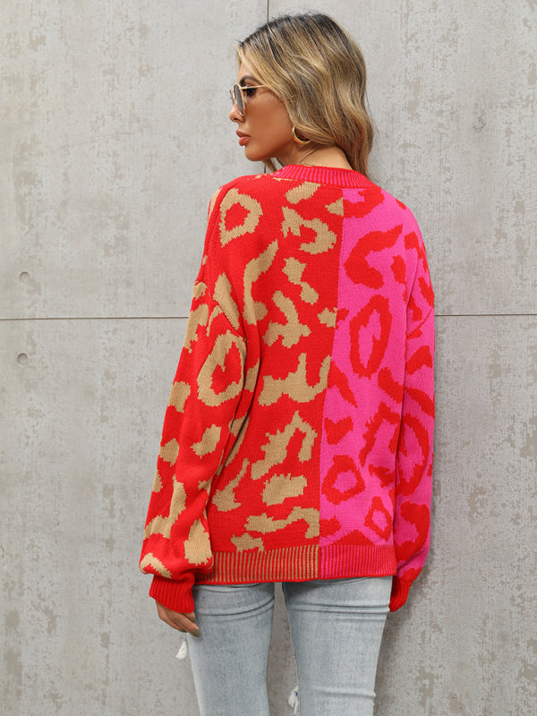 Blue Zone Planet | Single Breasted Street Panel Leopard Print Oversized Knit Cardigan Sweater kakaclo