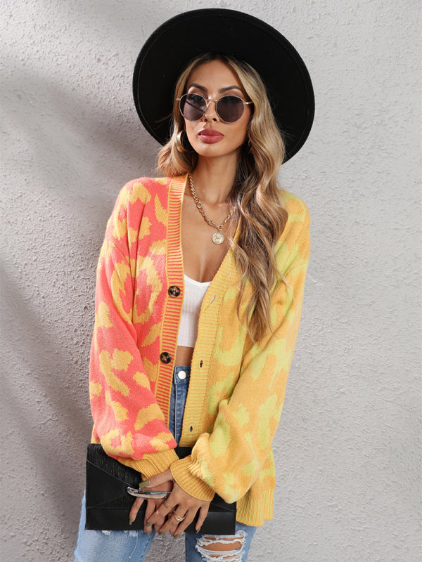 Blue Zone Planet | Single Breasted Street Panel Leopard Print Oversized Knit Cardigan Sweater kakaclo