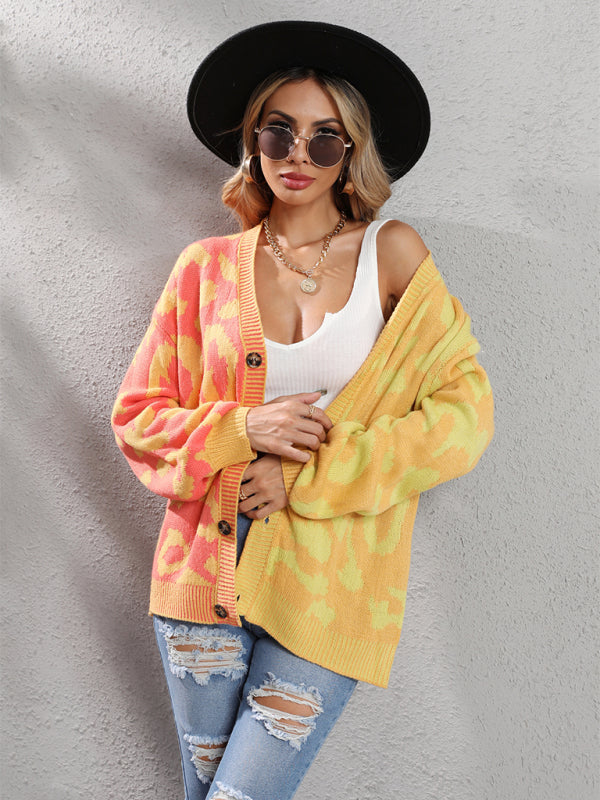Blue Zone Planet | Single Breasted Street Panel Leopard Print Oversized Knit Cardigan Sweater kakaclo