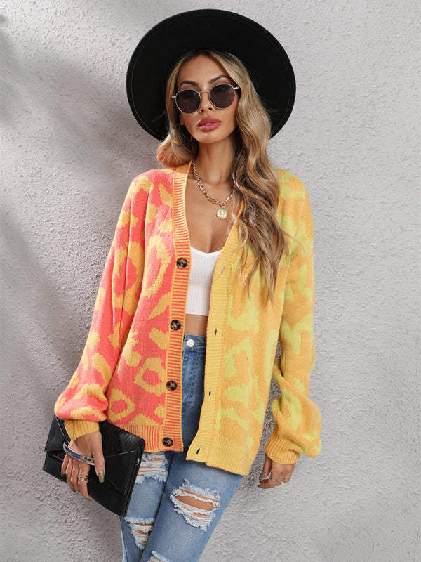 Blue Zone Planet | Single Breasted Street Panel Leopard Print Oversized Knit Cardigan Sweater kakaclo