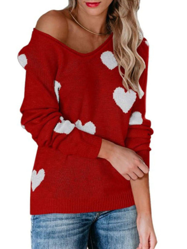 Love Valentine's Day V Neck Knit Pullover Sweater kakaclo