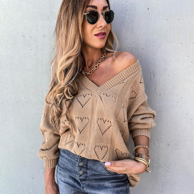 Blue Zone Planet | Pullover solid color V-neck heart-shaped hollow loose knitted sweater kakaclo