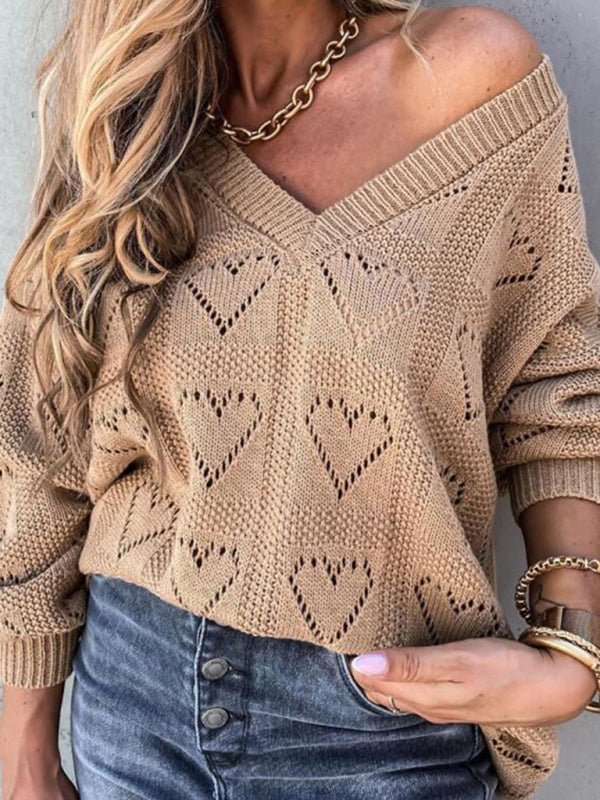 Blue Zone Planet | Pullover solid color V-neck heart-shaped hollow loose knitted sweater kakaclo