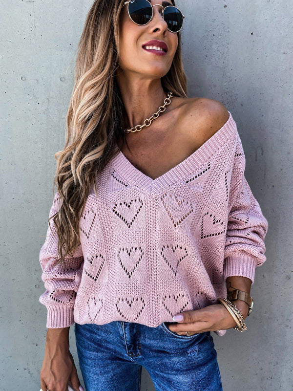 Blue Zone Planet | Pullover solid color V-neck heart-shaped hollow loose knitted sweater kakaclo