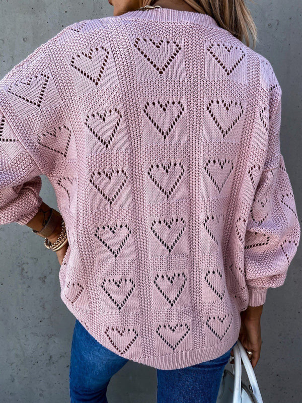 Blue Zone Planet | Pullover solid color V-neck heart-shaped hollow loose knitted sweater kakaclo