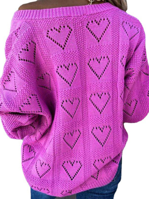 Blue Zone Planet | Pullover solid color V-neck heart-shaped hollow loose knitted sweater kakaclo