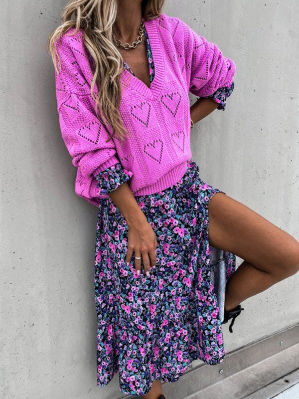 Blue Zone Planet | Pullover solid color V-neck heart-shaped hollow loose knitted sweater kakaclo