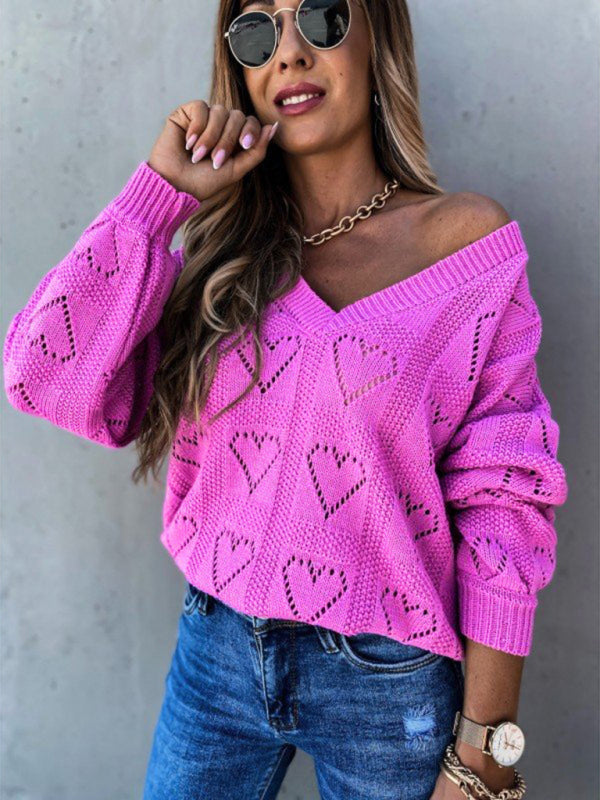 Blue Zone Planet | Pullover solid color V-neck heart-shaped hollow loose knitted sweater kakaclo