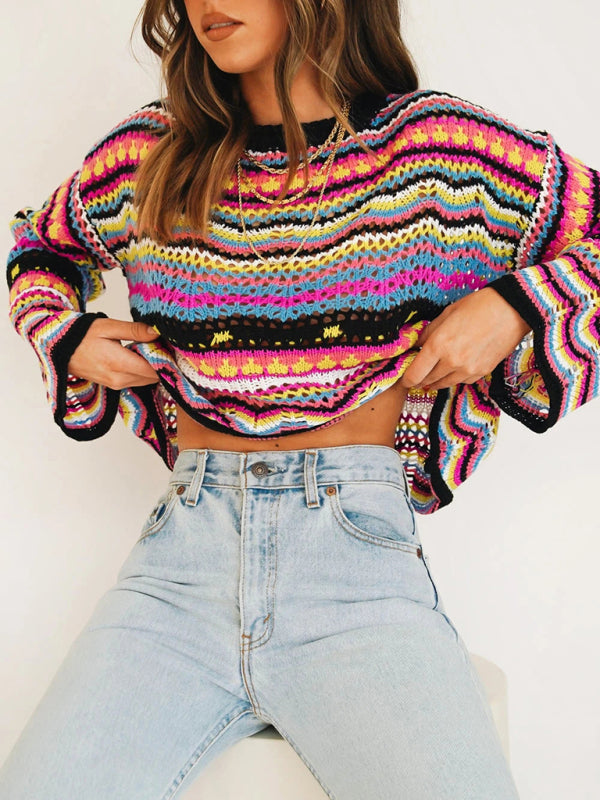 Splicing Knit Sweater Loose Intercolor Foreign Trade Round Neck Striped Sweater Women kakaclo
