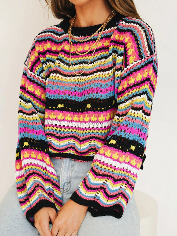 Splicing Knit Sweater Loose Intercolor Foreign Trade Round Neck Striped Sweater Women kakaclo