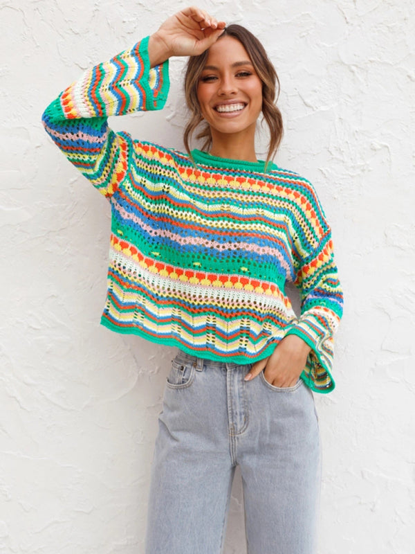 Splicing Knit Sweater Loose Intercolor Foreign Trade Round Neck Striped Sweater Women kakaclo