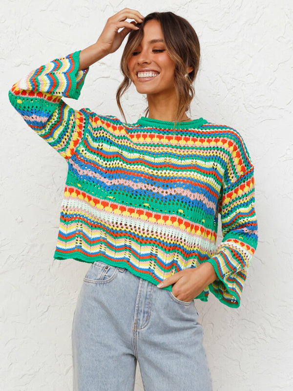 Splicing Knit Sweater Loose Intercolor Foreign Trade Round Neck Striped Sweater Women kakaclo