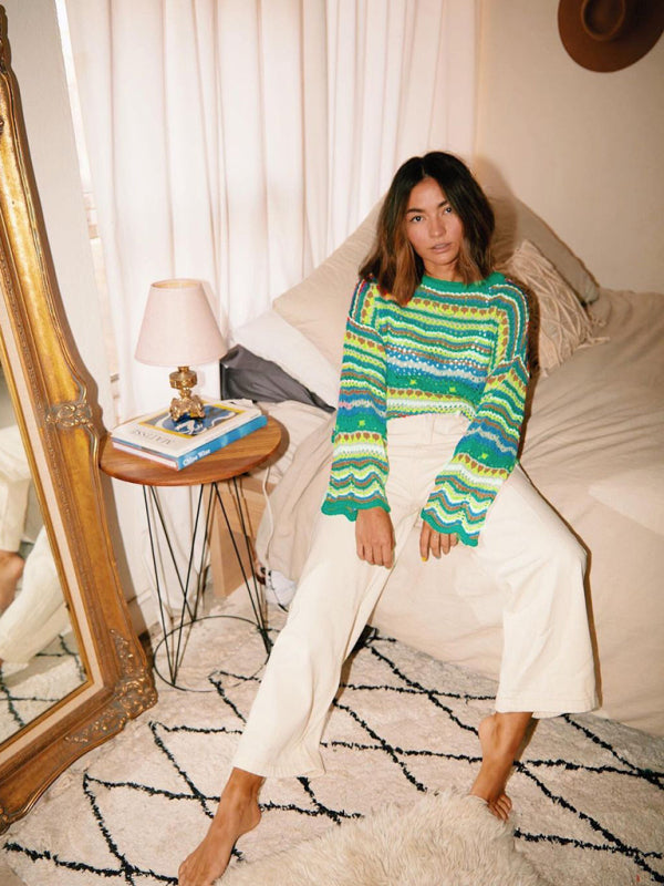 Splicing Knit Sweater Loose Intercolor Foreign Trade Round Neck Striped Sweater Women kakaclo