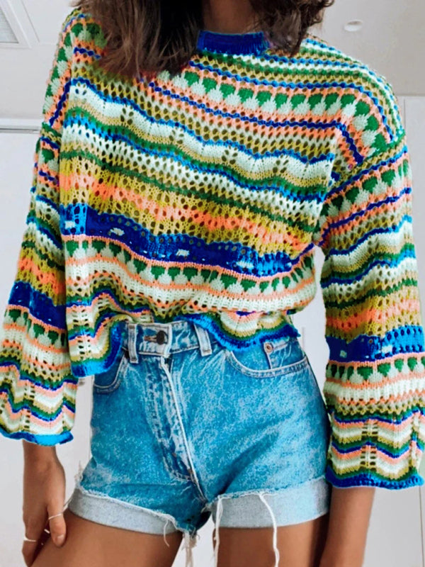 Splicing Knit Sweater Loose Intercolor Foreign Trade Round Neck Striped Sweater Women kakaclo