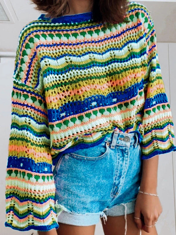 Splicing Knit Sweater Loose Intercolor Foreign Trade Round Neck Striped Sweater Women kakaclo