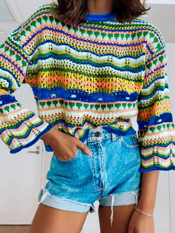 Splicing Knit Sweater Loose Intercolor Foreign Trade Round Neck Striped Sweater Women kakaclo