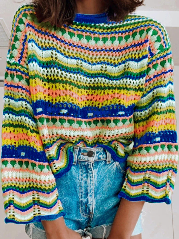 Splicing Knit Sweater Loose Intercolor Foreign Trade Round Neck Striped Sweater Women kakaclo