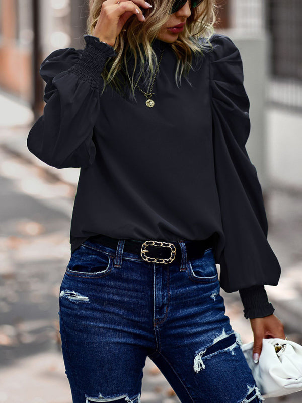 Puff sleeve commuter top 2022 solid color shirt women BLUE ZONE PLANET