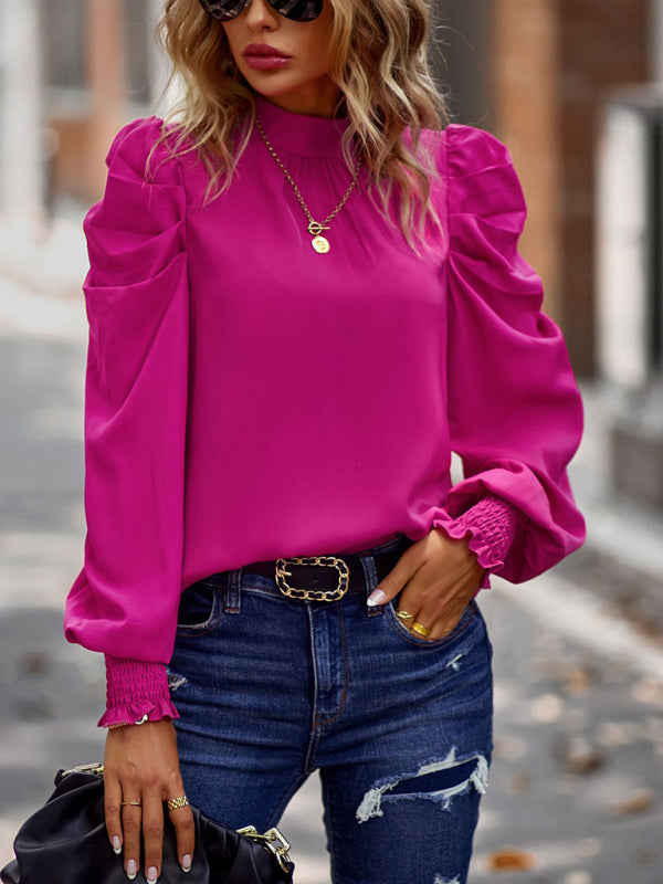 Puff sleeve commuter top 2022 solid color shirt women BLUE ZONE PLANET