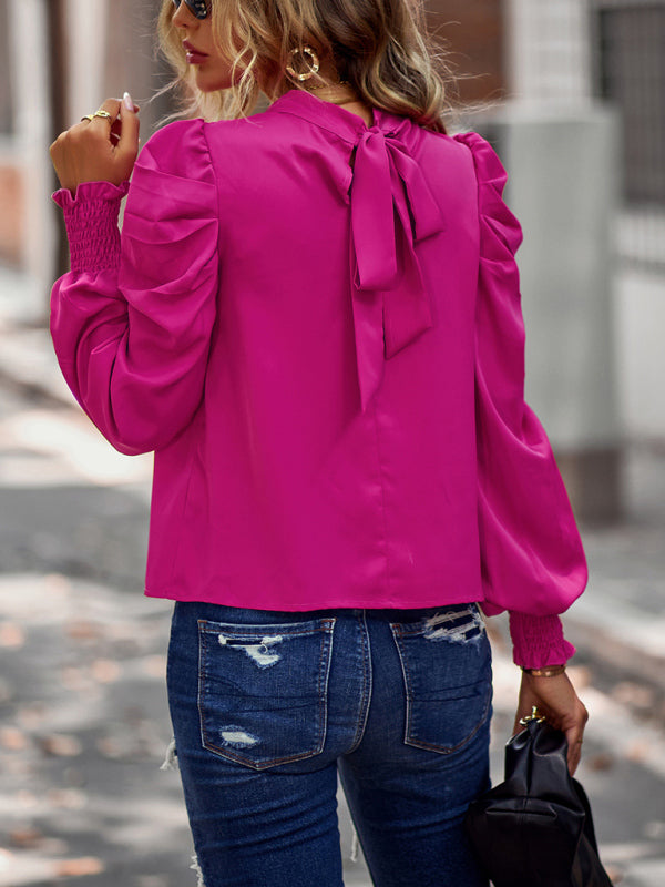 Puff sleeve commuter top 2022 solid color shirt women BLUE ZONE PLANET