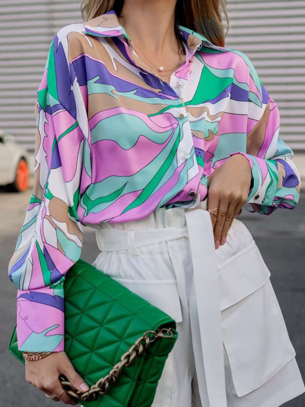 Women's loose spring and autumn printed single-breasted lantern long-sleeved shirt BLUE ZONE PLANET